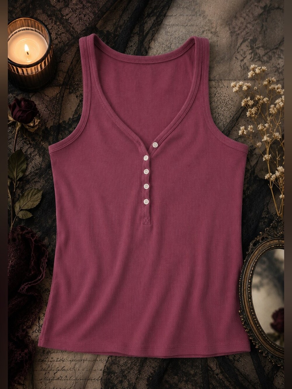 a.n.a. A New Approach Ribbed Henley Tank Top Berry Burgundy Size L Stretch